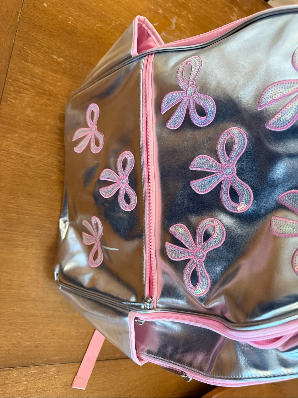 Silver Metallic Backpack with Pink Bow Appliqués